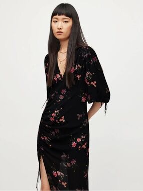 AllSaints Black Midi Dress with Pink Floral Print